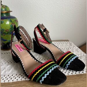 Betsey Johnson Black Suede Block Heels with Multicolor Rickrack Trim